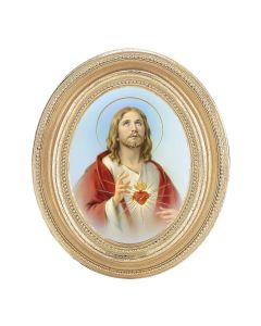3 1/2" x 4 1/2" Gold Oval Frame with a Sacred Heart Print-P65