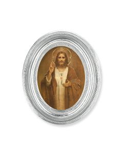 3 1/2" x 4 1/2" Silver Oval Frame with a Chambers: Sacred Heart of Jesus Print-P65