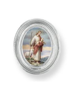 3 1/2" x 4 1/2" Silver Oval Frame with a Good Shepherd Print-P65