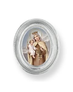 3 1/2" x 4 1/2" Oval Silver Frame with an Our Lady of Mount Carmel Print-P65