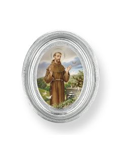 3 1/2" x 4 1/2" Oval Silver Frame with a Saint Francis Print-P65
