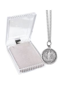 13/16 inch Silver Oxidized St. Benedict Medal with 18 inch Chain