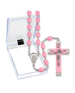 Pink Acrylic Bead Rosary with Metal Bound Crucifix, Boxed