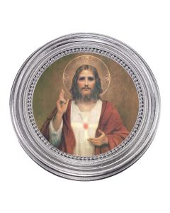 5 1/4" x 5 1/4"  Silver-Leaf Photo Frame with Chambers: Sacred Heart of Jesus Print