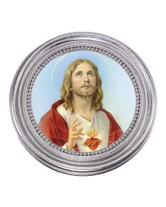 Sacred Heart of Jesus Print Under Glass in a 5 1/4" x 5 1/4" Silver-Leaf Frame