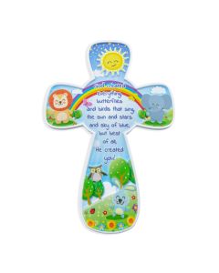 6" Child Rainbow Jungle Resin Cross in Clear Plastic Box