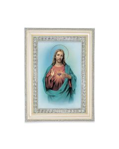 5 3/4" x 7 3/4" Antiqued Pearlized White and Silver Photo Frame with Sacred Heart of Jesus Print-P65