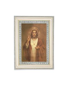 5 3/4" x 7 3/4" Antiqued Pearlized White and Silver Photo Frame with Chambers: Sacred Heart of Jesus Print-P65
