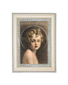 5 3/4" x 7 3/4" Antiqued Pearlized White and Silver Photo Frame with Chambers: Light of the World Print- P65 