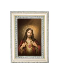 5 3/4" x 7 3/4" Antiqued Pearlized White and Silver Photo Frame with Simeone: Sacred Heart of Jesus Print- P65