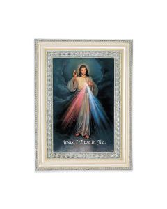 5 3/4" x 7 3/4" Antiqued Pearlized White and Silver Photo Frame with Divine Mercy Print-P65