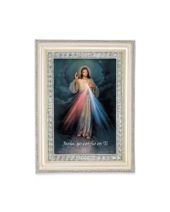 5 3/4" x 7 3/4" Antiqued Pearlized White and Silver Photo Frame with Divine Mercy Spanish Print-P65