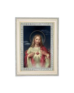 5 3/4" x 7 3/4" Antiqued Pearlized White and Silver Photo Frame with Sacred Heart of Jesus Print-P65