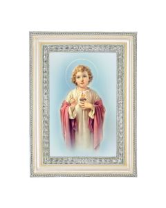 5 3/4" x 7 3/4" Antiqued Pearlized White and Silver Photo Frame with Child Sacred Heart of Jesus Print- P65