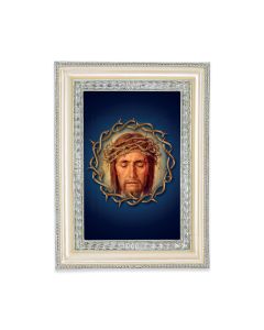 5 3/4" x 7 3/4" Antiqued Pearlized White and Silver Photo Frame with Holy Face Print-P65