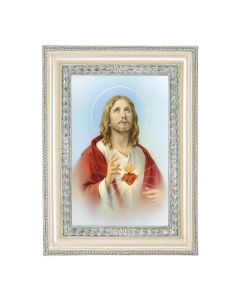 5 3/4" x 7 3/4" Antiqued Pearlized White and Silver Photo Frame with Sacred Heart of Jesus Print- P65