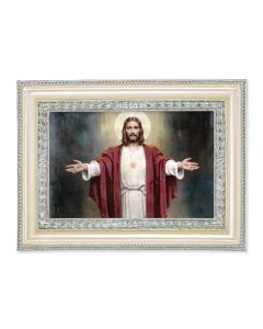 5 3/4" x 7 3/4" Antiqued Pearlized White and Silver Photo Frame with Chambers: Welcoming Jesus Print- P65 