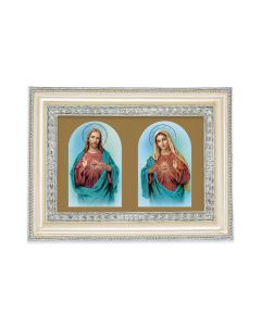 5 3/4" x 7 3/4" Antiqued Pearlized White and Silver Photo Frame with The Sacred Hearts Print-P65