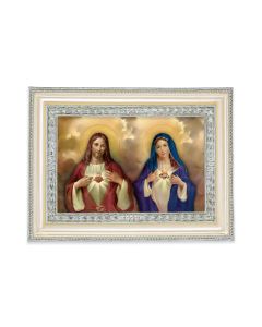 5 3/4" x 7 3/4" Antiqued Pearlized White and Silver Photo Frame with The Sacred Hearts Print-P65