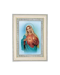 5 3/4" x 7 3/4" Antiqued Pearlized White and Silver Photo Frame with Immaculate Heart of Mary Print-P65