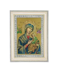 5 3/4" x 7 3/4" Antiqued Pearlized White and Silver Photo Frame with O.L. of Perpetual Help Print-P65