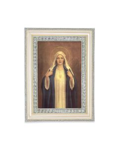 5 3/4" x 7 3/4" Antiqued Pearlized White and Silver Photo Frame with Chambers: Immaculate Heart of Mary Print-P65