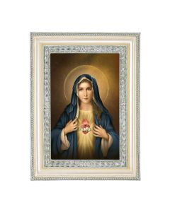 5 3/4" x 7 3/4" Antiqued Pearlized White and Silver Photo Frame with Simeone: Immaculate Heart of Mary Print- P65