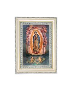 5 3/4" x 7 3/4" Antiqued Pearlized White and Silver Photo Frame with O.L. of Guadalupe Print-P65