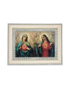 5 3/4" x 7 3/4" Antiqued Pearlized White and Silver Photo Frame with The Sacred Hearts Print-P65