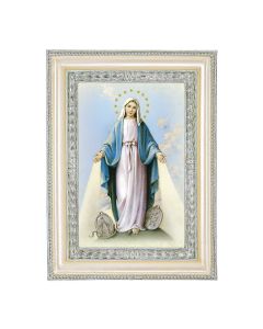 5 3/4" x 7 3/4" Antiqued Pearlized White and Silver Photo Frame with Our Lady of the Miraculous Medal Print- P65