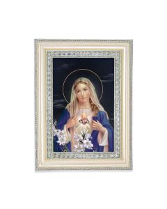 5 3/4" x 7 3/4" Antiqued Pearlized White and Silver Photo Frame with Immaculate Heart of Mary Print-P65
