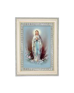5 3/4" x 7 3/4" Antiqued Pearlized White and Silver Photo Frame with O.L. of Lourdes Print-P65