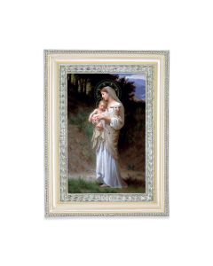 5 3/4" x 7 3/4" Antiqued Pearlized White and Silver Photo Frame with Bouguereau: Divine Innocence Print-P65