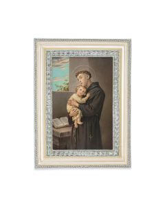5 3/4" x 7 3/4" Antiqued Pearlized White and Silver Photo Frame with Saint Anthony Print-P65