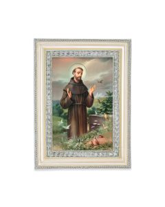 5 3/4" x 7 3/4" Antiqued Pearlized White and Silver Photo Frame with Saint Francis Print-P65
