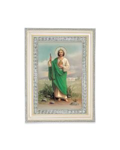 5 3/4" x 7 3/4" Antiqued Pearlized White and Silver Photo Frame with Saint Jude Print-P65