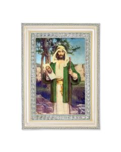 5 3/4" x 7 3/4" Antiqued Pearlized White and Silver Photo Frame with St. Jude Thaddeus Print- P65