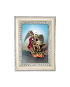 5 3/4" x 7 3/4" Antiqued Pearlized White and Silver Photo Frame with Saint Michael Print- P65 