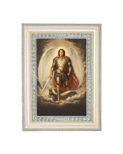 5 3/4" x 7 3/4" Antiqued Pearlized White and Silver Photo Frame with Archangel Saint Michael in Armor Print- P65