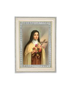 5 3/4" x 7 3/4" Antiqued Pearlized White and Silver Photo Frame with Saint Therese Print-P65