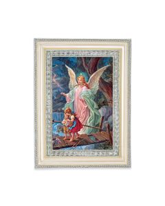 5 3/4" x 7 3/4" Antiqued Pearlized White and Silver Photo Frame with Guardian Angel Print-P65