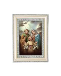 5 3/4" x 7 3/4" Antiqued Pearlized White and Silver Photo Frame with Holy Family Print-P65