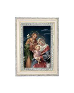 5 3/4" x 7 3/4" Antiqued Pearlized White and Silver Photo Frame with Holy Family Print-P65