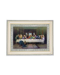 5 3/4" x 7 3/4" Antiqued Pearlized White and Silver Photo Frame with Zabateri: Last Supper Print-P65