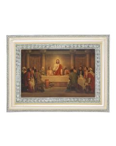 5 3/4" x 7 3/4" Antiqued Pearlized White and Silver Photo Frame with Chambers: Last Supper Print- P65