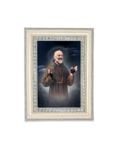 5 3/4" x 7 3/4" Antiqued Pearlized White and Silver Photo Frame with Saint Pio Print-P65