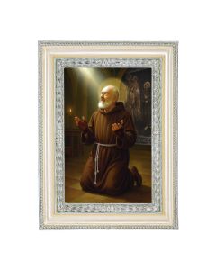 5 3/4" x 7 3/4" Antiqued Pearlized White and Silver Photo Frame with St. Pio at Prayer Print- P65
