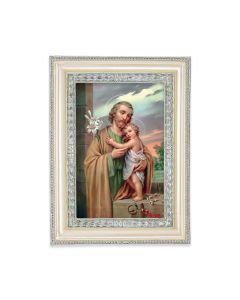 5 3/4" x 7 3/4" Antiqued Pearlized White and Silver Photo Frame with Saint Joseph Print-P65