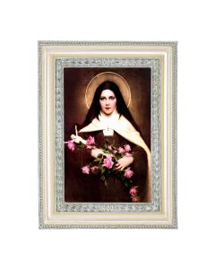 5 3/4" x 7 3/4" Antiqued Pearlized White and Silver Photo Frame with St. Therese Print- P65