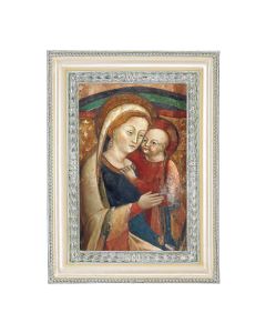 5 3/4" x 7 3/4" Antiqued Pearlized White and Silver Photo Frame with Our Lady of Good Counsel (Genazzano Italy) Print- P65